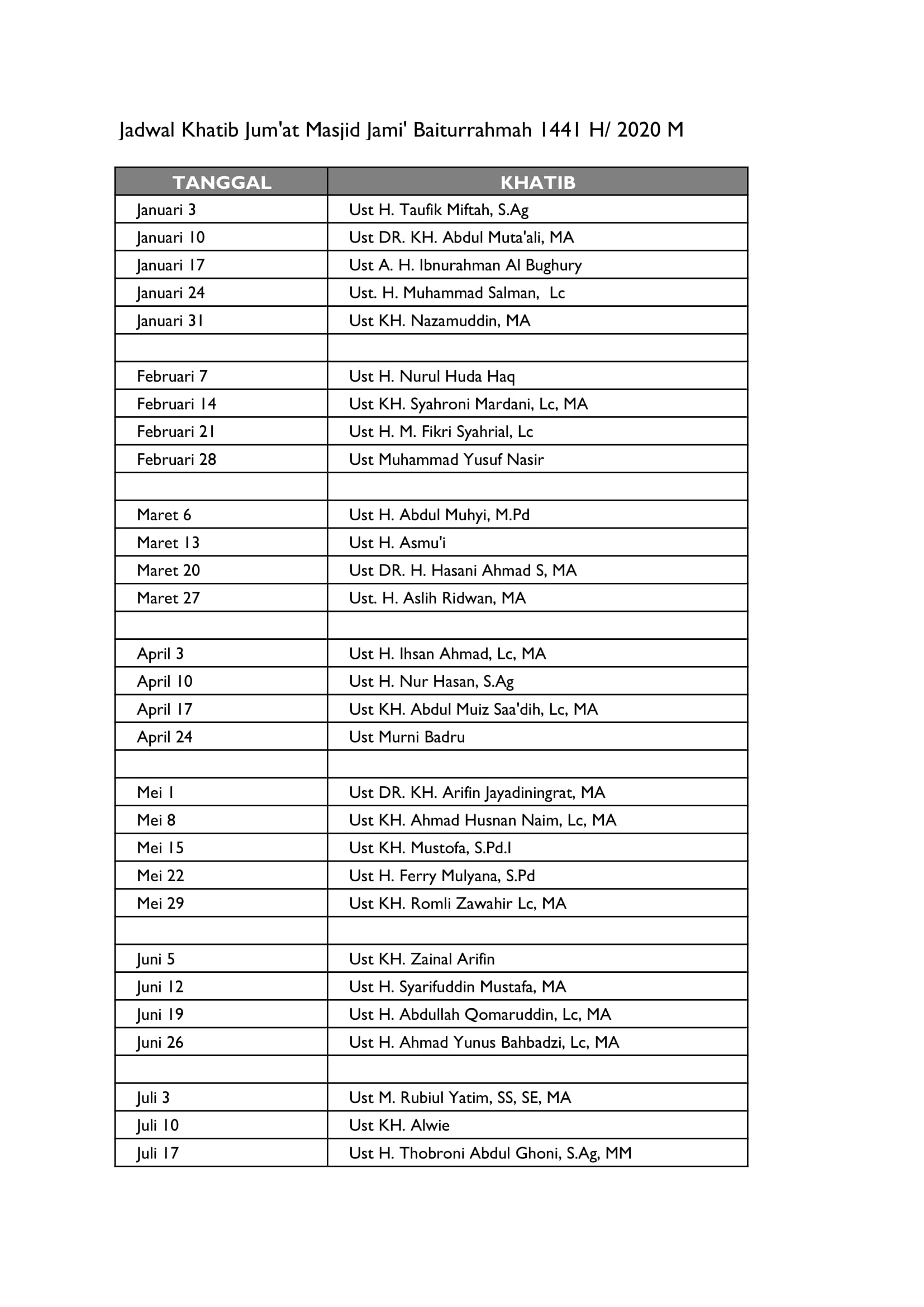 Jadwal Khatib Jum'at Tahun 2020